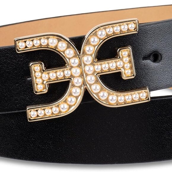 Accessories - Women's Leather Belt Pearl Embellished Double-E Logo Buckle for Jeans Dresses